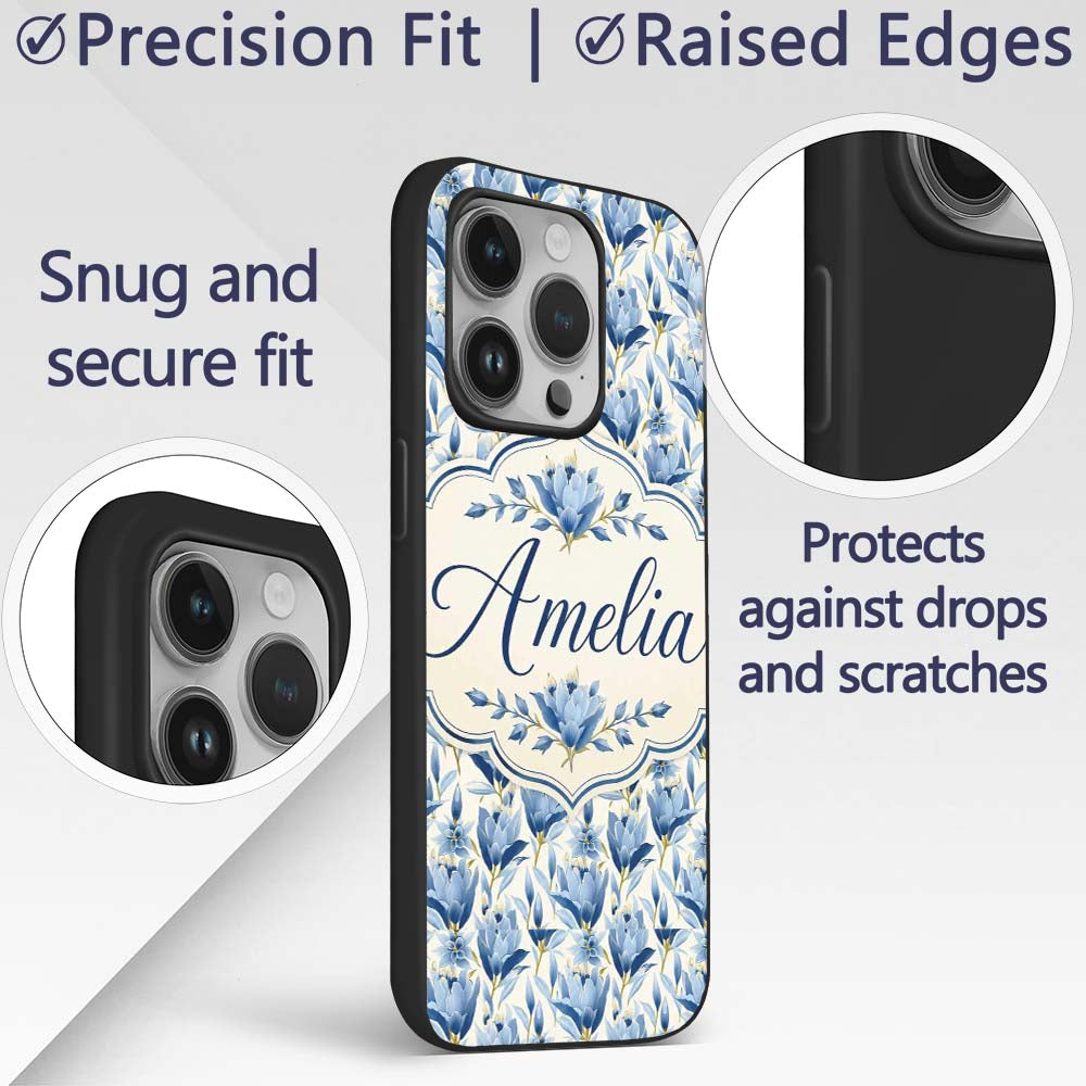 Blue Floral Botanical Elegant Seamless Pattern Custom Name Protective Phone Case Mobile Cover Durable Everyday Smartphone Shock Resistant
