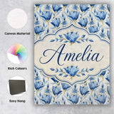Personalised Name Blue Floral Botanical Custom  Modern Room Accent Elegant Feature Canvas Wall Art Print Decor Picture Ready to Hang