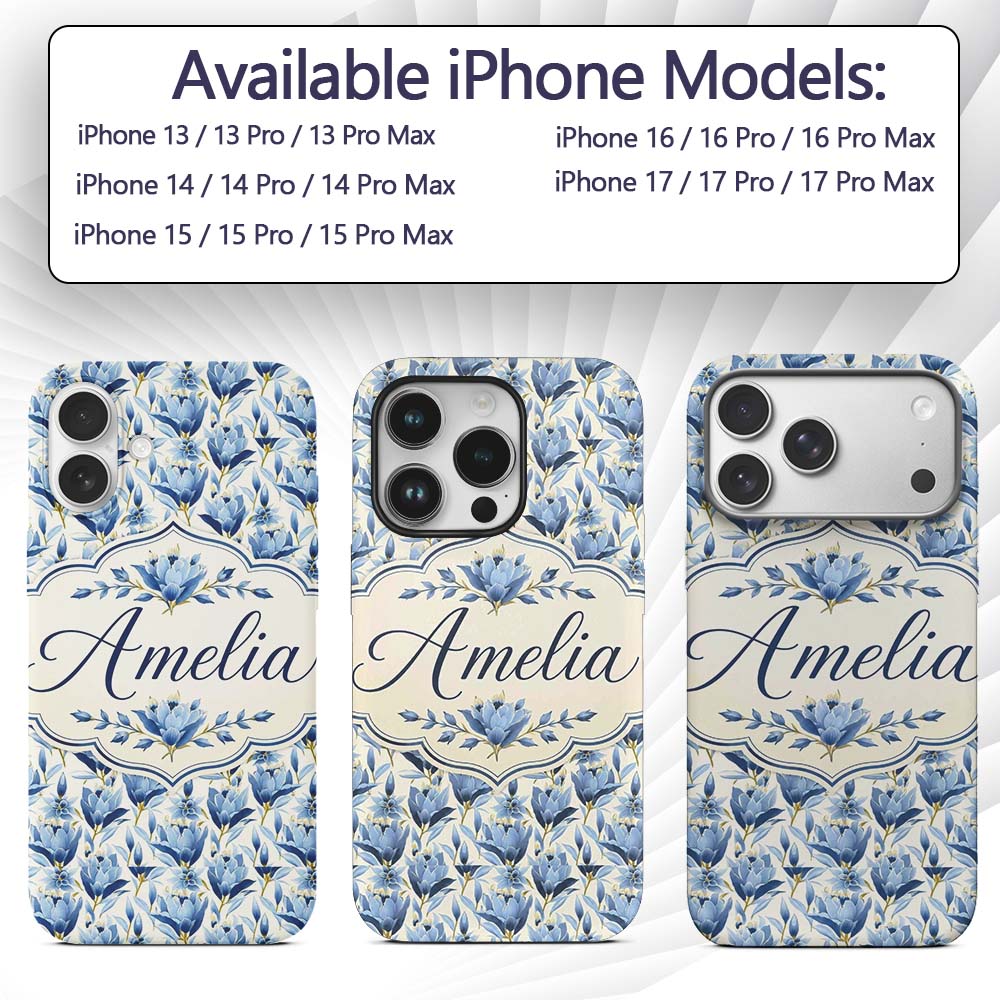 Blue Floral Botanical Elegant Seamless Pattern Custom Name Protective Phone Case Mobile Cover Durable Everyday Smartphone Shock Resistant