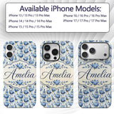 Blue Floral Botanical Elegant Seamless Pattern Custom Name Protective Phone Case Mobile Cover Durable Everyday Smartphone Shock Resistant