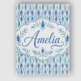Personalised Name Blue and Green Leaf Custom Modern Room Accent Creative Decorator Style Canvas Wall Art Print Decor Picture Ready to Hang