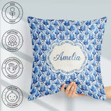 Custom Name Blue Art Deco Botanical Leaf Repeat Seamless Pattern Square Filled Cushion Throw Pillow Sofa Bed Home Decor Zip Washable UK Made