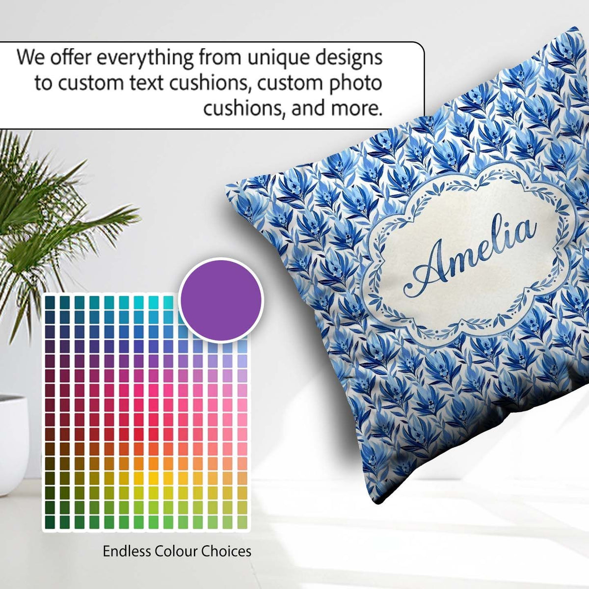 Custom Name Blue Art Deco Botanical Leaf Repeat Seamless Pattern Square Filled Cushion Throw Pillow Sofa Bed Home Decor Zip Washable UK Made