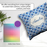 Custom Name Blue Art Deco Botanical Leaf Repeat Seamless Pattern Square Filled Cushion Throw Pillow Sofa Bed Home Decor Zip Washable UK Made