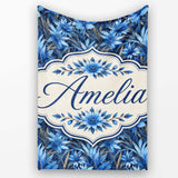 Blue Floral Botanical Dense Garden Seamless Pattern Cute Unique Gift  Personalised Custom Name Super Soft Fleece Blanket Bed Sofa Throw