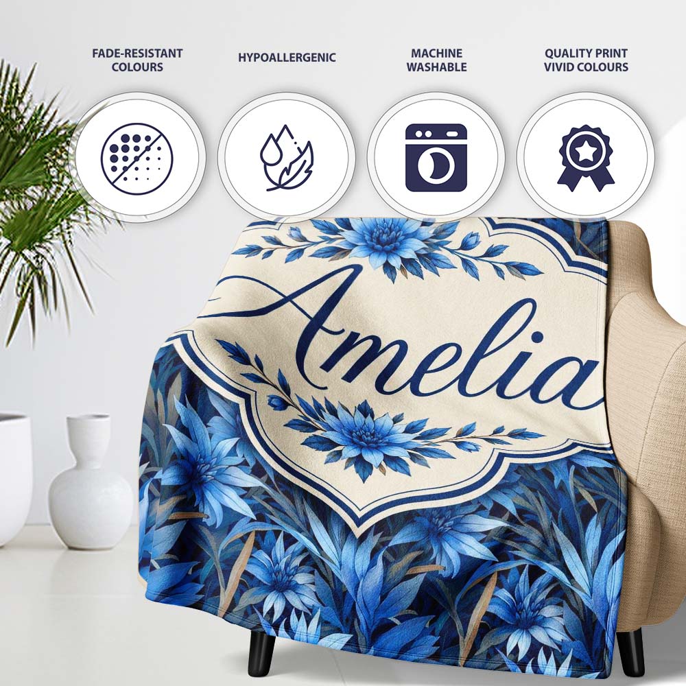 Blue Floral Botanical Dense Garden Seamless Pattern Cute Unique Gift  Personalised Custom Name Super Soft Fleece Blanket Bed Sofa Throw