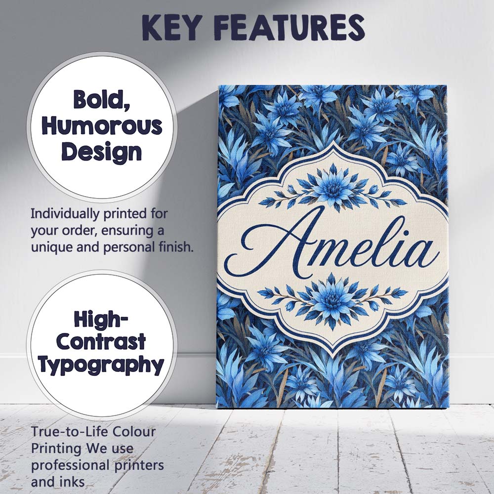 Personalised Name Blue Floral Botanical Custom  Modern Room Accent Elegant Feature Canvas Wall Art Print Decor Picture Ready to Hang