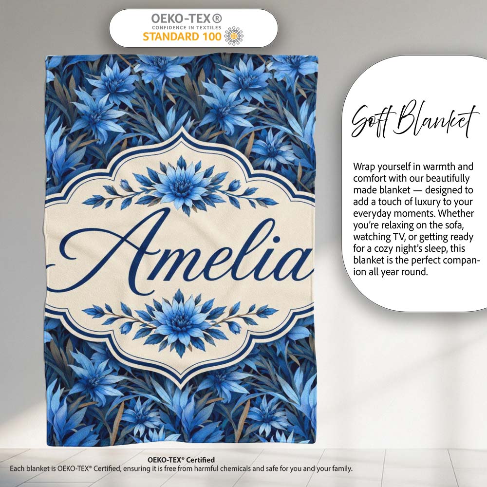Blue Floral Botanical Dense Garden Seamless Pattern Cute Unique Gift  Personalised Custom Name Super Soft Fleece Blanket Bed Sofa Throw