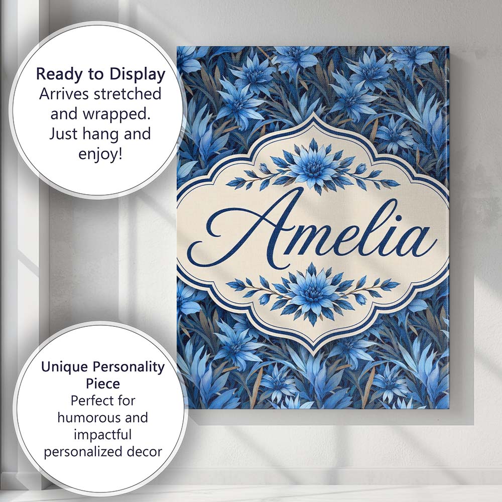Personalised Name Blue Floral Botanical Custom  Modern Room Accent Elegant Feature Canvas Wall Art Print Decor Picture Ready to Hang