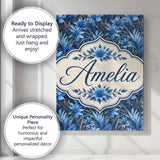 Personalised Name Blue Floral Botanical Custom  Modern Room Accent Elegant Feature Canvas Wall Art Print Decor Picture Ready to Hang