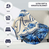 Blue Floral Botanical Dense Garden Seamless Pattern Cute Unique Gift  Personalised Custom Name Super Soft Fleece Blanket Bed Sofa Throw