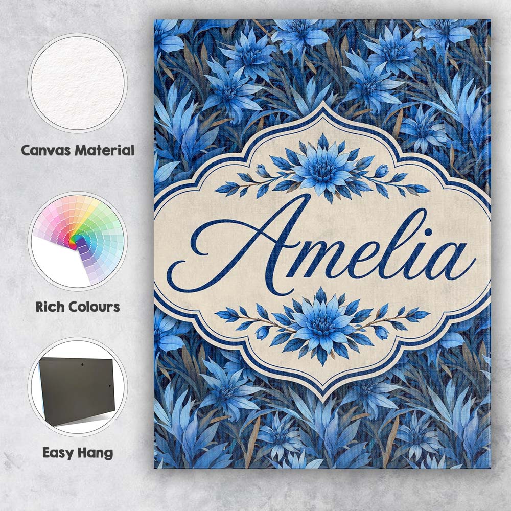 Personalised Name Blue Floral Botanical Custom  Modern Room Accent Elegant Feature Canvas Wall Art Print Decor Picture Ready to Hang
