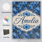 Personalised Name Blue Floral Botanical Custom  Modern Room Accent Elegant Feature Canvas Wall Art Print Decor Picture Ready to Hang