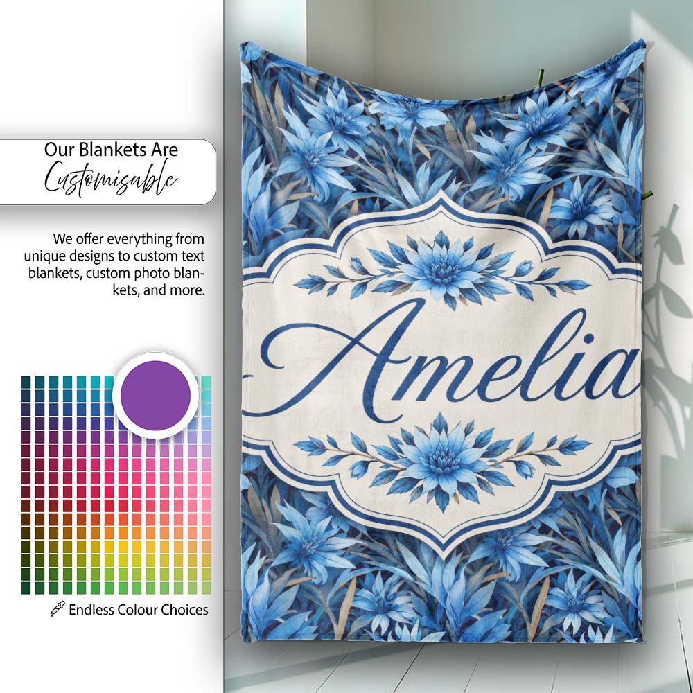 Blue Floral Botanical Dense Garden Seamless Pattern Cute Unique Gift  Personalised Custom Name Super Soft Fleece Blanket Bed Sofa Throw