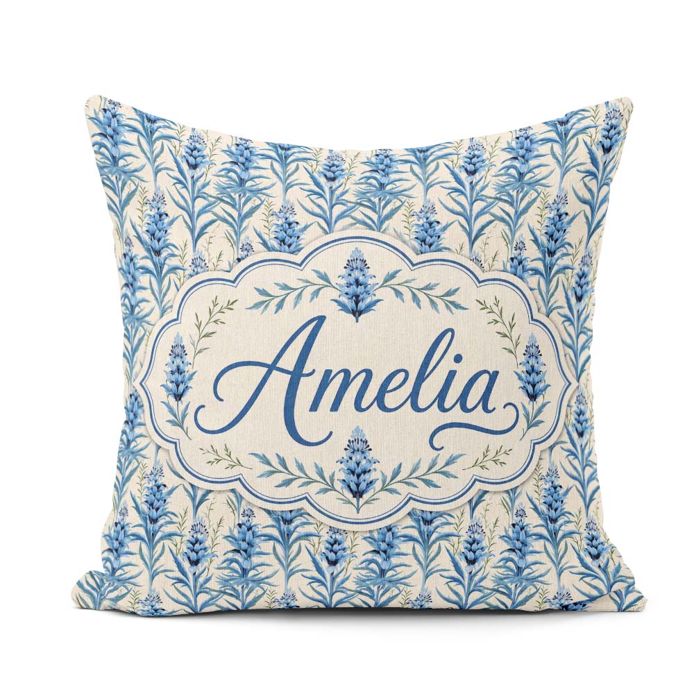 Custom Name Blue Botanical Vertical Floral Sprig Seamless Lovely Square Filled Cushion Throw Pillow Sofa Bed Home Decor Zip Washable UK Made