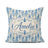 Custom Name Blue Botanical Vertical Floral Sprig Seamless Lovely Square Filled Cushion Throw Pillow Sofa Bed Home Decor Zip Washable UK Made