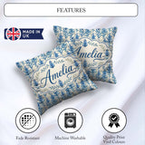 Custom Name Blue Botanical Vertical Floral Sprig Seamless Lovely Square Filled Cushion Throw Pillow Sofa Bed Home Decor Zip Washable UK Made