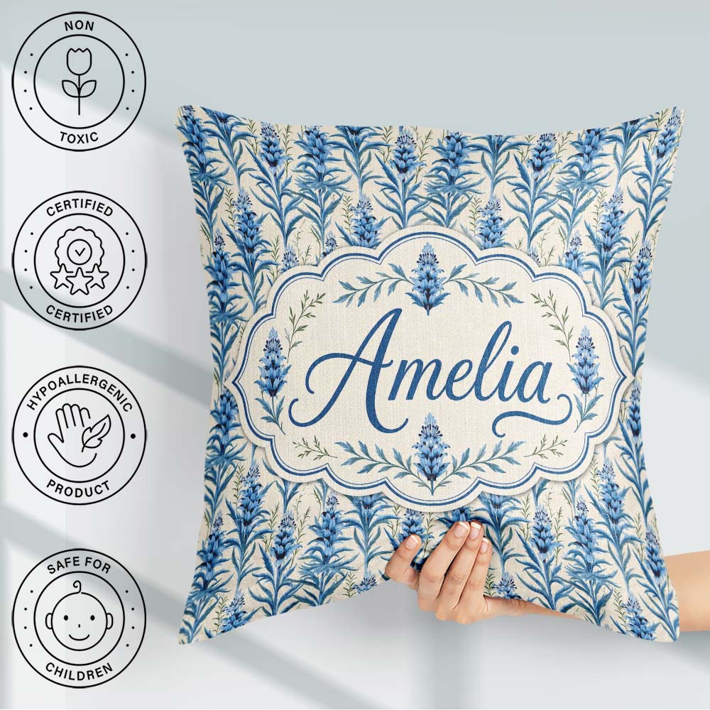 Custom Name Blue Botanical Vertical Floral Sprig Seamless Lovely Square Filled Cushion Throw Pillow Sofa Bed Home Decor Zip Washable UK Made
