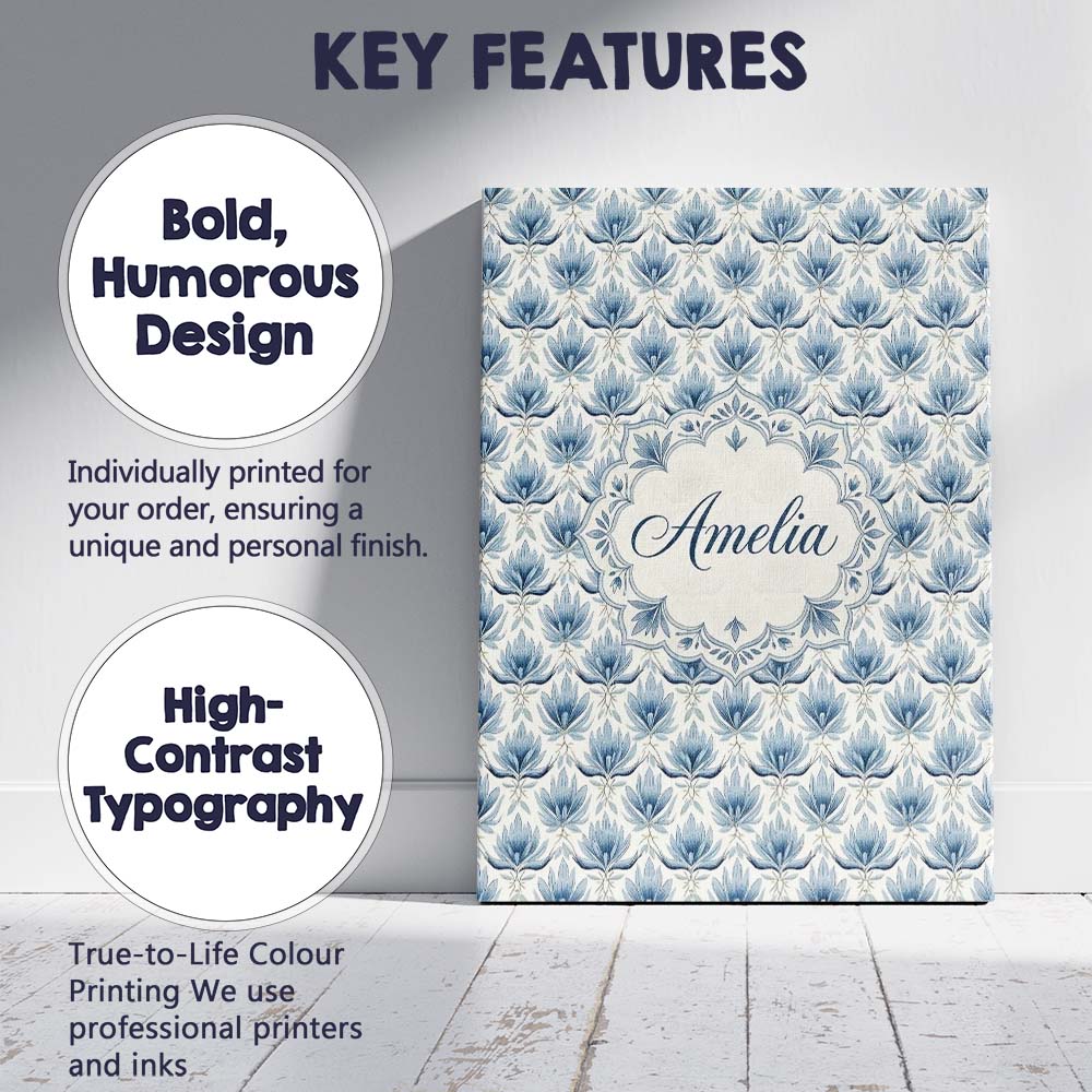 Personalised Name Soft Blue Lotus Style Custom  Modern Room Accent Elegant Feature Canvas Wall Art Print Decor Picture Ready to Hang