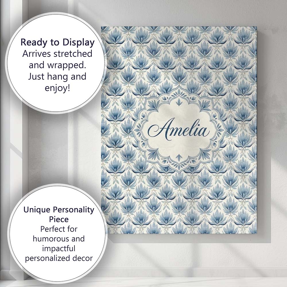 Personalised Name Soft Blue Lotus Style Custom  Modern Room Accent Elegant Feature Canvas Wall Art Print Decor Picture Ready to Hang