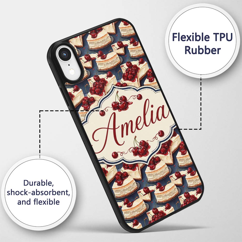 Cherry Cheesecake Dessert Sweet Treat Seamless Custom Name Protective Phone Case Mobile Cover Durable Everyday Smartphone Shock Resistant