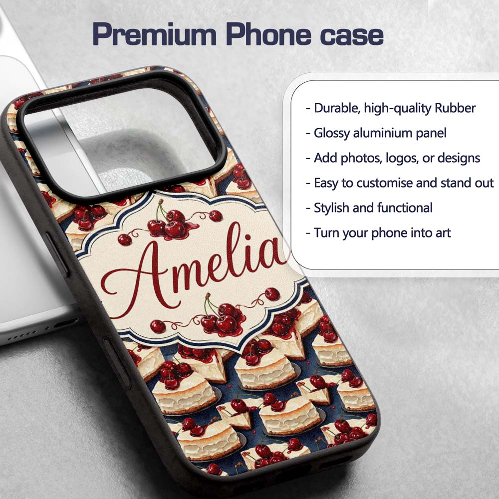 Cherry Cheesecake Dessert Sweet Treat Seamless Custom Name Protective Phone Case Mobile Cover Durable Everyday Smartphone Shock Resistant