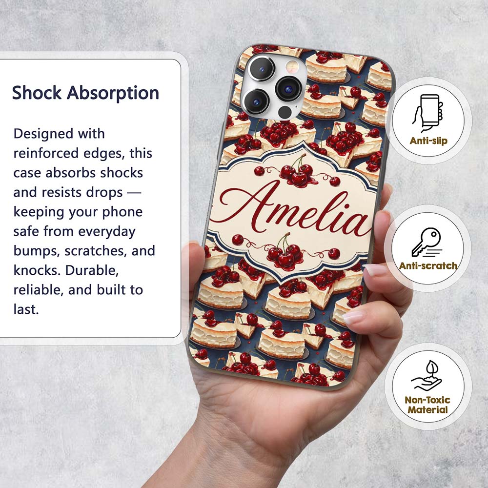 Cherry Cheesecake Dessert Sweet Treat Seamless Custom Name Protective Phone Case Mobile Cover Durable Everyday Smartphone Shock Resistant