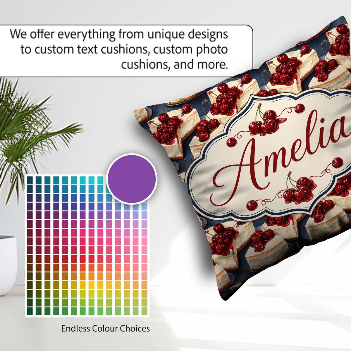 Custom Name Cherry Cheesecake Dessert Sweet Treat Pattern Lovely Square Filled Cushion Throw Pillow Sofa Bed Home Decor Zip Washable UK Made