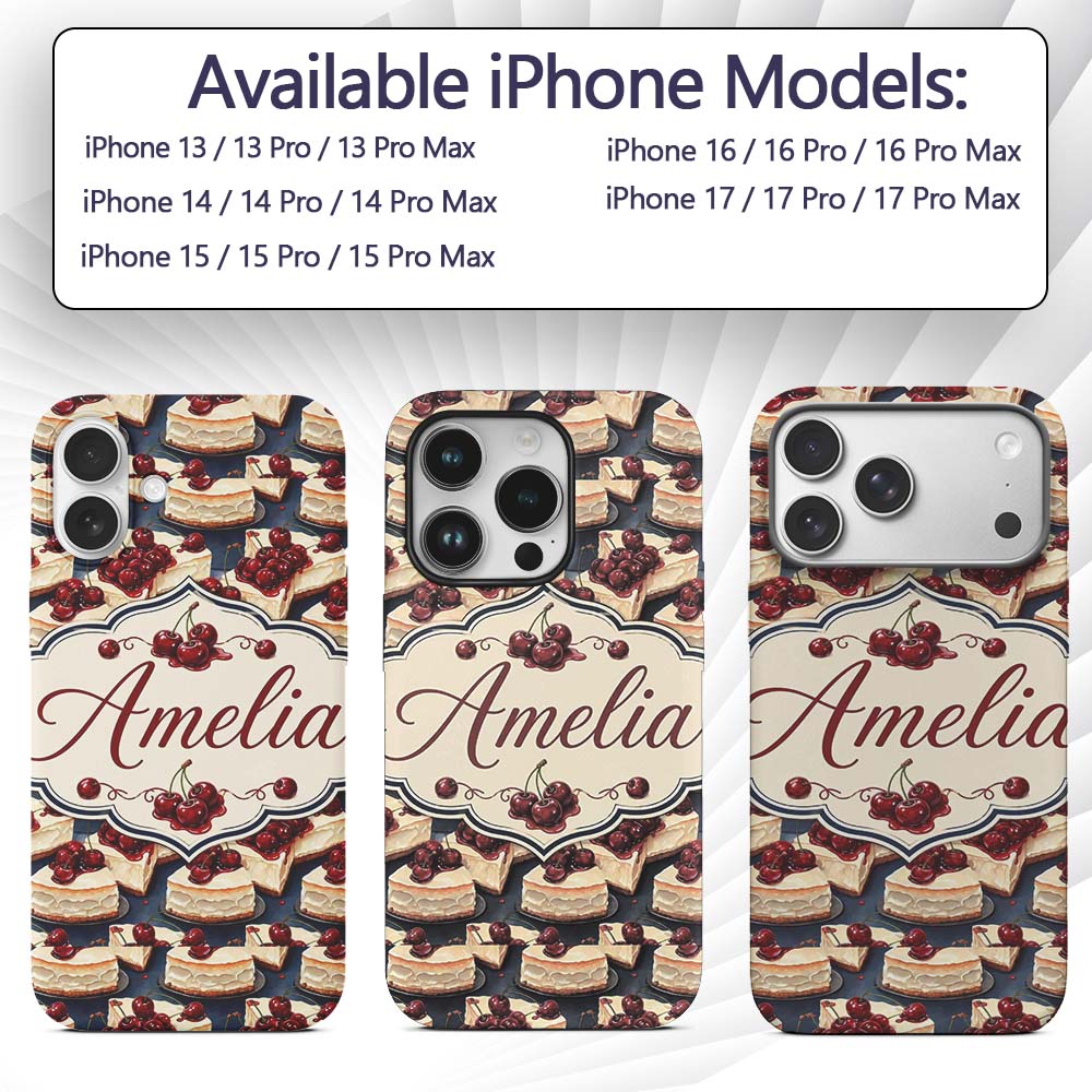 Cherry Cheesecake Dessert Sweet Treat Seamless Custom Name Protective Phone Case Mobile Cover Durable Everyday Smartphone Shock Resistant