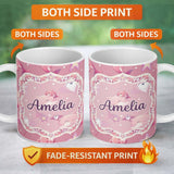 Personalized Custom Name Cute Pink Dolphins and Starfish Seamless Ocean Pink Polka Dot Lovely 11oz Ceramic Coffee Tea Mug White Large Handle