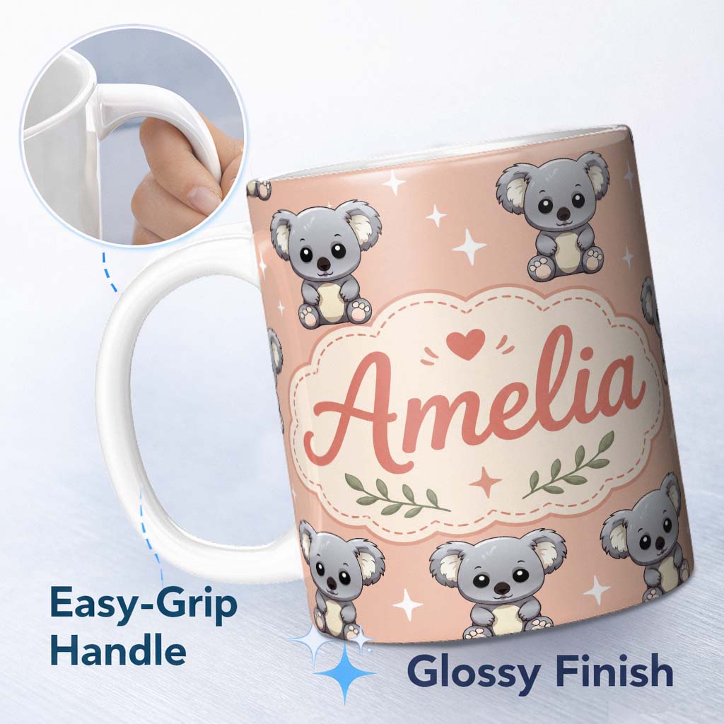 Personalized Custom Name Cute Koala Bears with Stars Peach Background Seamless Pattern Lovely 11oz Ceramic Coffee Tea Mug White Large Handle