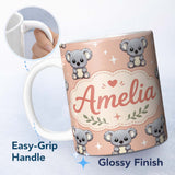 Personalized Custom Name Cute Koala Bears with Stars Peach Background Seamless Pattern Lovely 11oz Ceramic Coffee Tea Mug White Large Handle