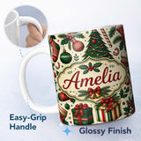 Personalized Custom Name Classic Christmas Tree Gift Holly Berry Festive Seamless Pattern 11oz Ceramic Coffee Tea Mug White Large Handle