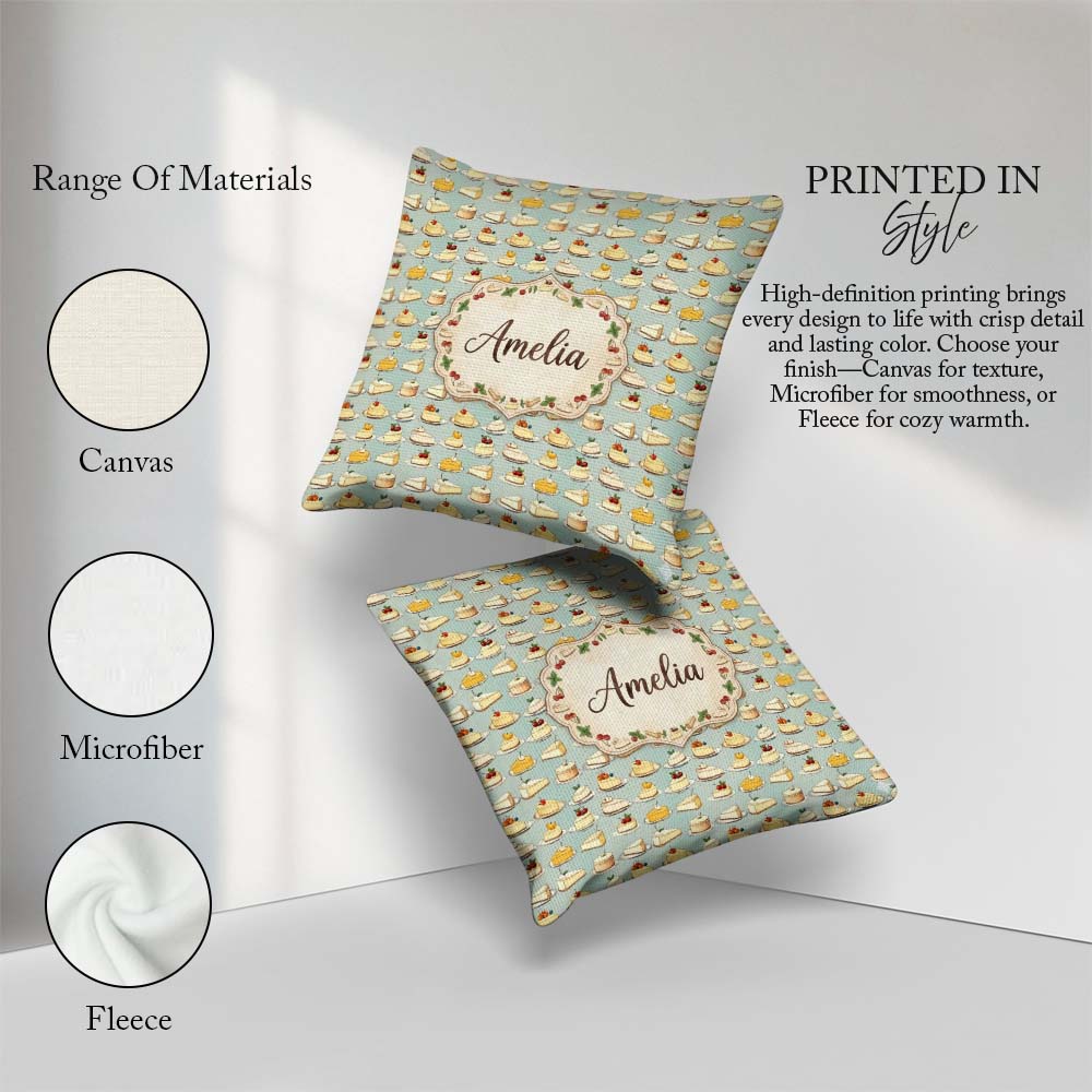 Custom Name Assorted Cake Slices Dessert Repeat Seamless Pattern Square Filled Cushion Throw Pillow Sofa Bed Home Decor Zip Washable UK Made
