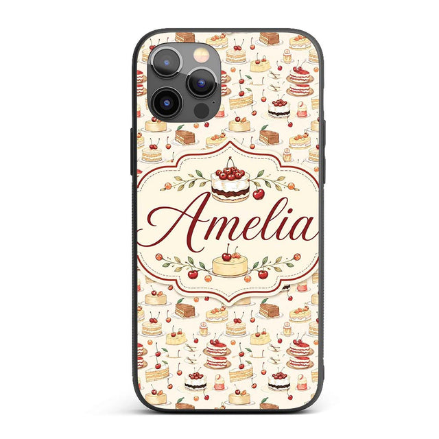 Vintage Cake and Cherry Dessert Seamless Pattern Custom Name Protective Phone Case Mobile Cover Durable Everyday Smartphone Shock Resistant