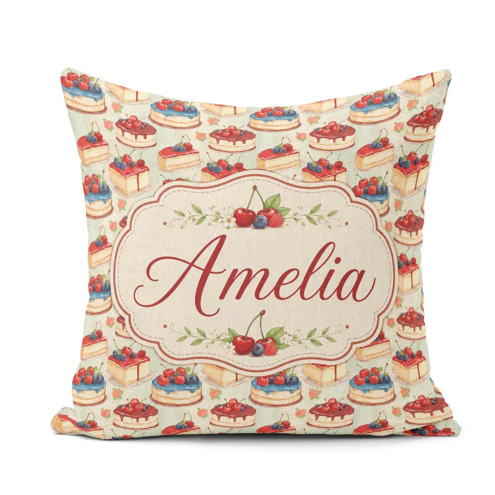 Custom Name Berry Topped Cheesecake Slice Sweet Dessert Seamless Square Filled Cushion Throw Pillow Sofa Bed Home Decor Zip Washable UK Made