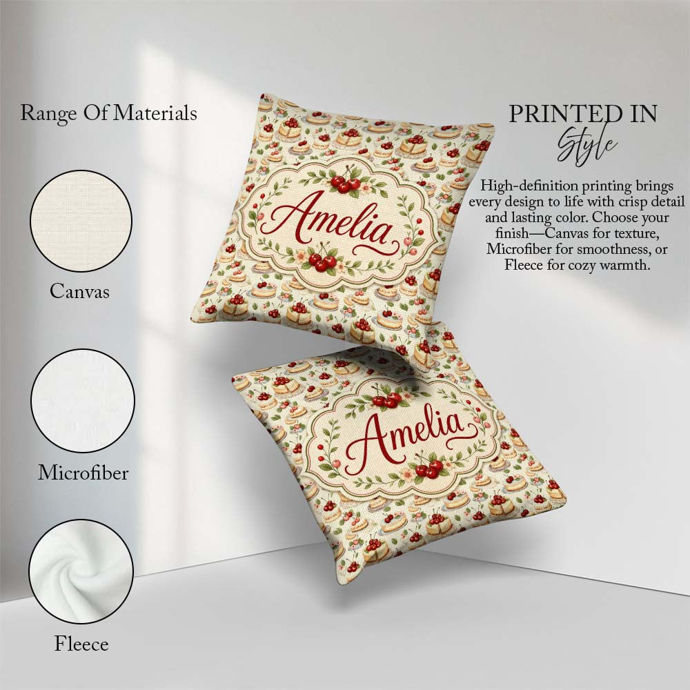 Custom Name Cherry Cream Layer Elegant Dessert Seamless Pattern Square Filled Cushion Throw Pillow Sofa Bed Home Decor Zip Washable UK Made
