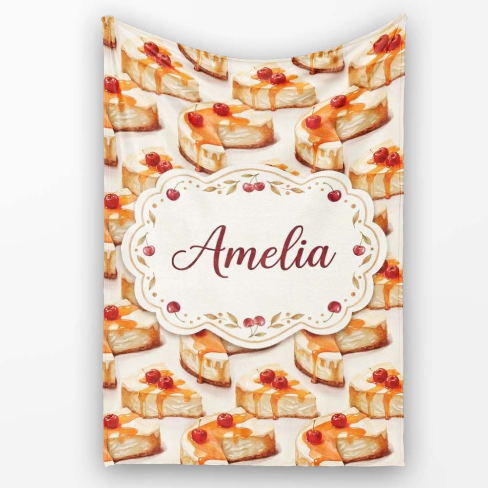 Caramel Drizzle Cheesecake Slice Sweet Dessert Seamless Pattern  Personalised Custom Name Super Soft Fleece Blanket Bed Sofa Throw