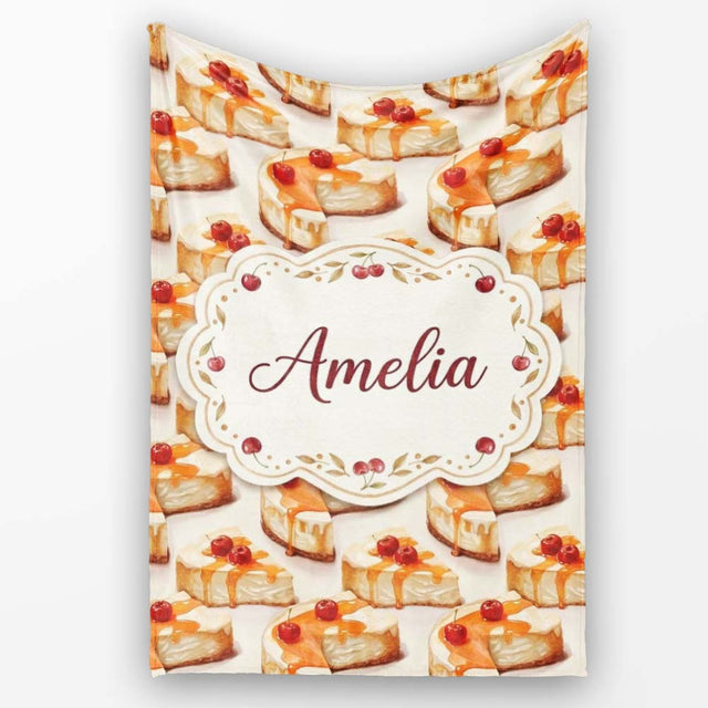 Caramel Drizzle Cheesecake Slice Sweet Dessert Seamless Pattern  Personalised Custom Name Super Soft Fleece Blanket Bed Sofa Throw