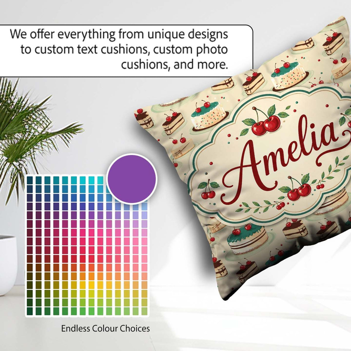 Custom Name Cherry Celebration Cake Dessert Seamless Pattern Square Filled Cushion Throw Pillow Sofa Bed Home Decor Zip Washable UK Made