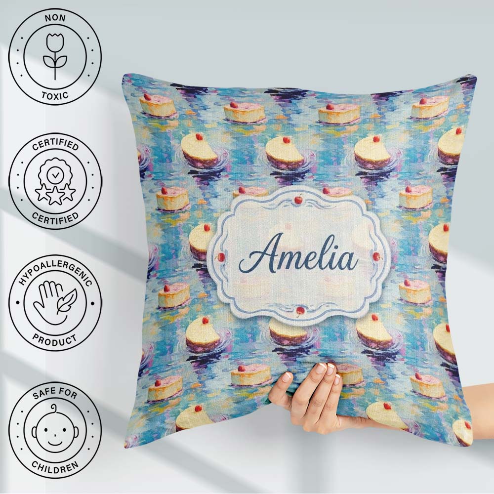 Custom Name Abstract Cheesecake Slice Floating Artistic Seamless Square Filled Cushion Throw Pillow Sofa Bed Home Decor Zip Washable UK Made