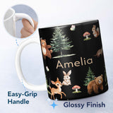 Personalized Custom Name Woodland Animals Bear Deer Bunny Trees Mushrooms Butterfly Seamless 11oz Ceramic Coffee Tea Mug White Large Handle