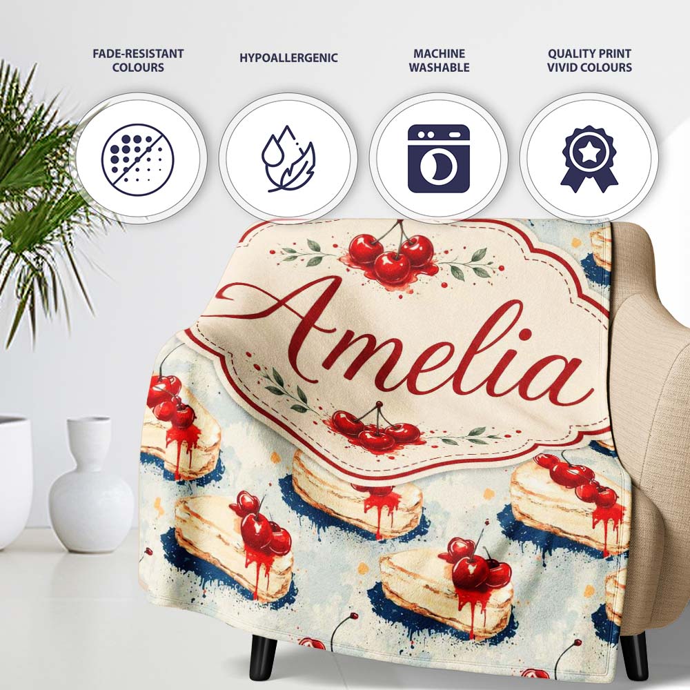 Cherry Drip Cheesecake Slice Vintage Dessert Seamless Pattern Lovely  Personalised Custom Name Super Soft Fleece Blanket Bed Sofa Throw