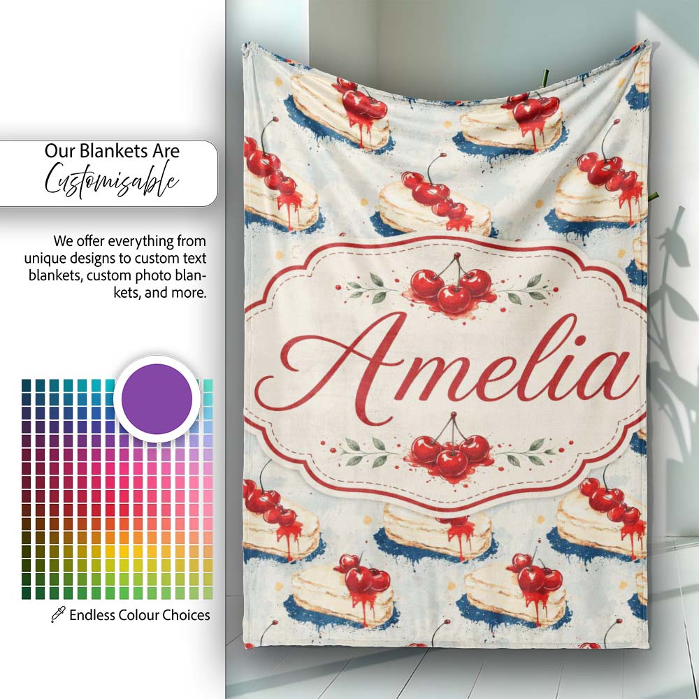 Cherry Drip Cheesecake Slice Vintage Dessert Seamless Pattern Lovely  Personalised Custom Name Super Soft Fleece Blanket Bed Sofa Throw