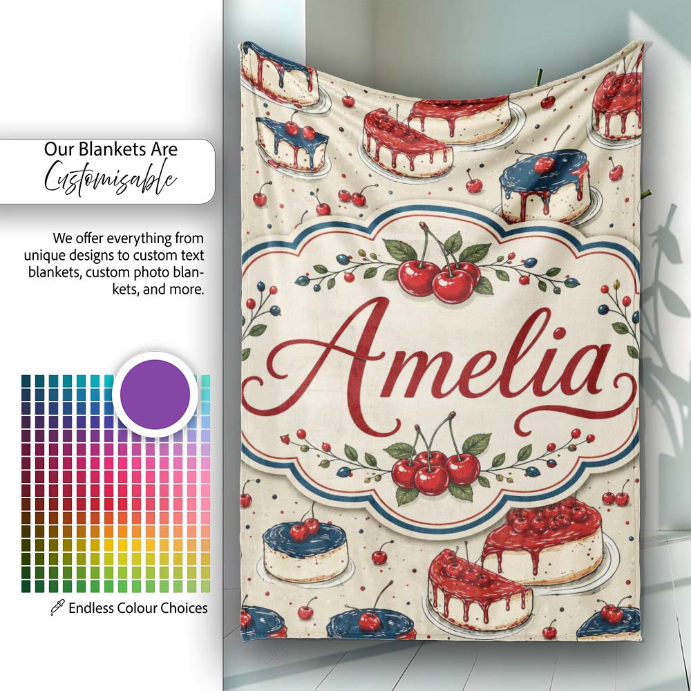 Red and Blue Glazed Cherry Cake Dessert Seamless Pattern Lovely  Personalised Custom Name Super Soft Fleece Blanket Bed Sofa Throw