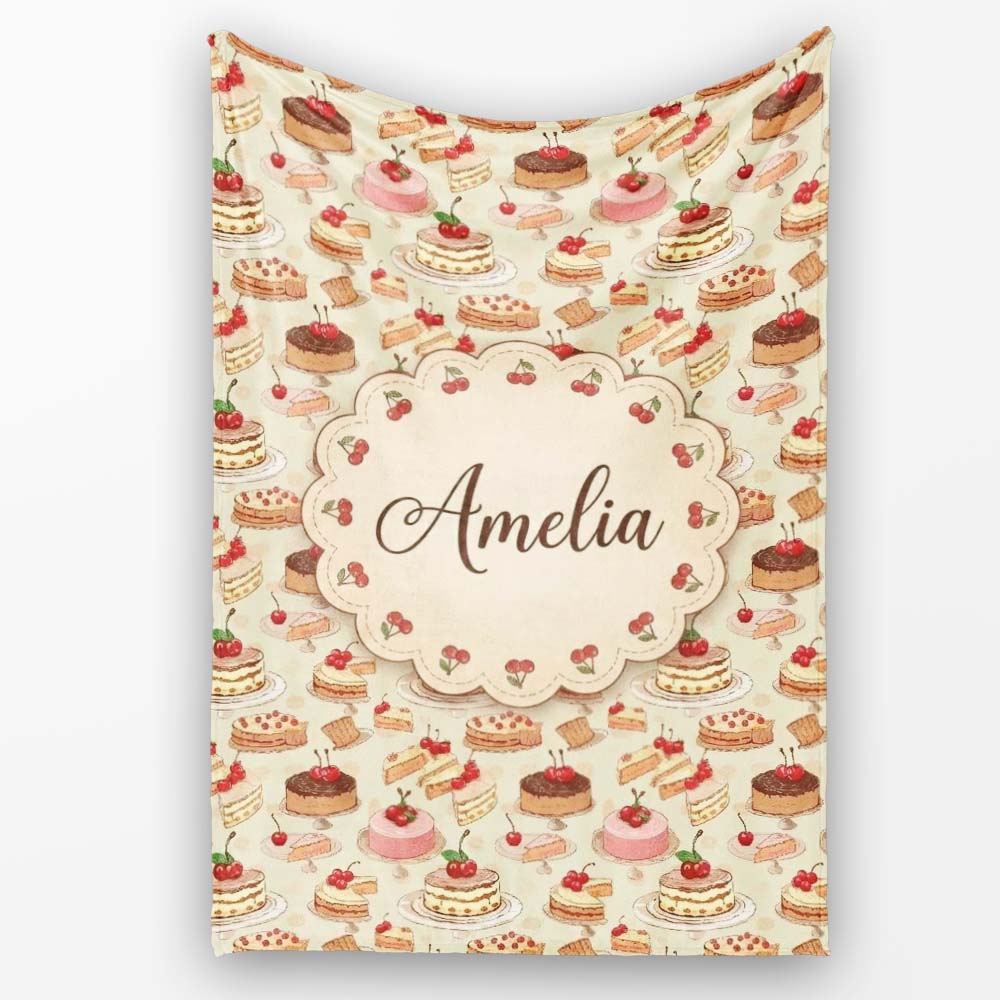 Vintage Cake Selection with Cherry Toppings Seamless Pattern Lovely  Personalised Custom Name Super Soft Fleece Blanket Bed Sofa Throw