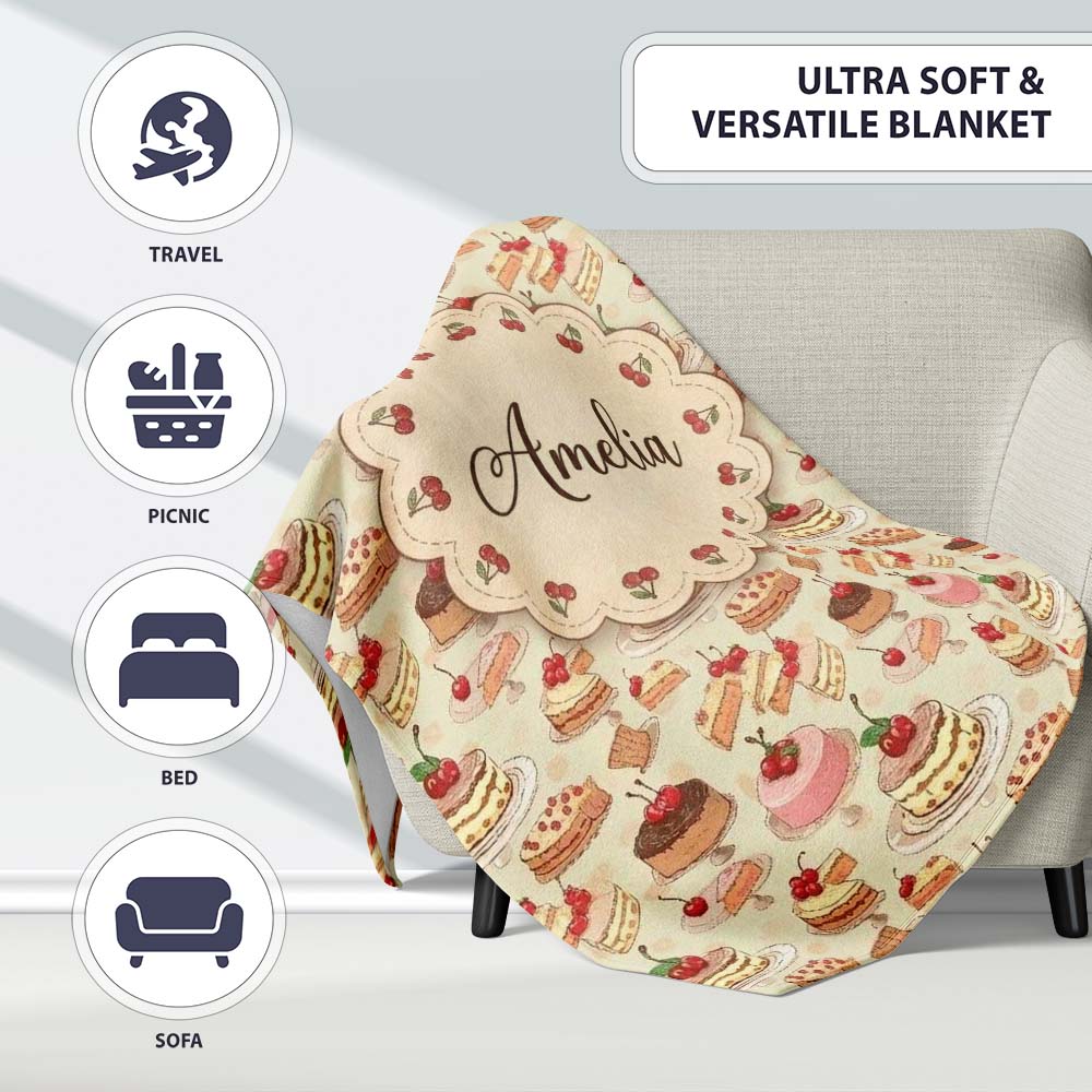 Vintage Cake Selection with Cherry Toppings Seamless Pattern Lovely  Personalised Custom Name Super Soft Fleece Blanket Bed Sofa Throw