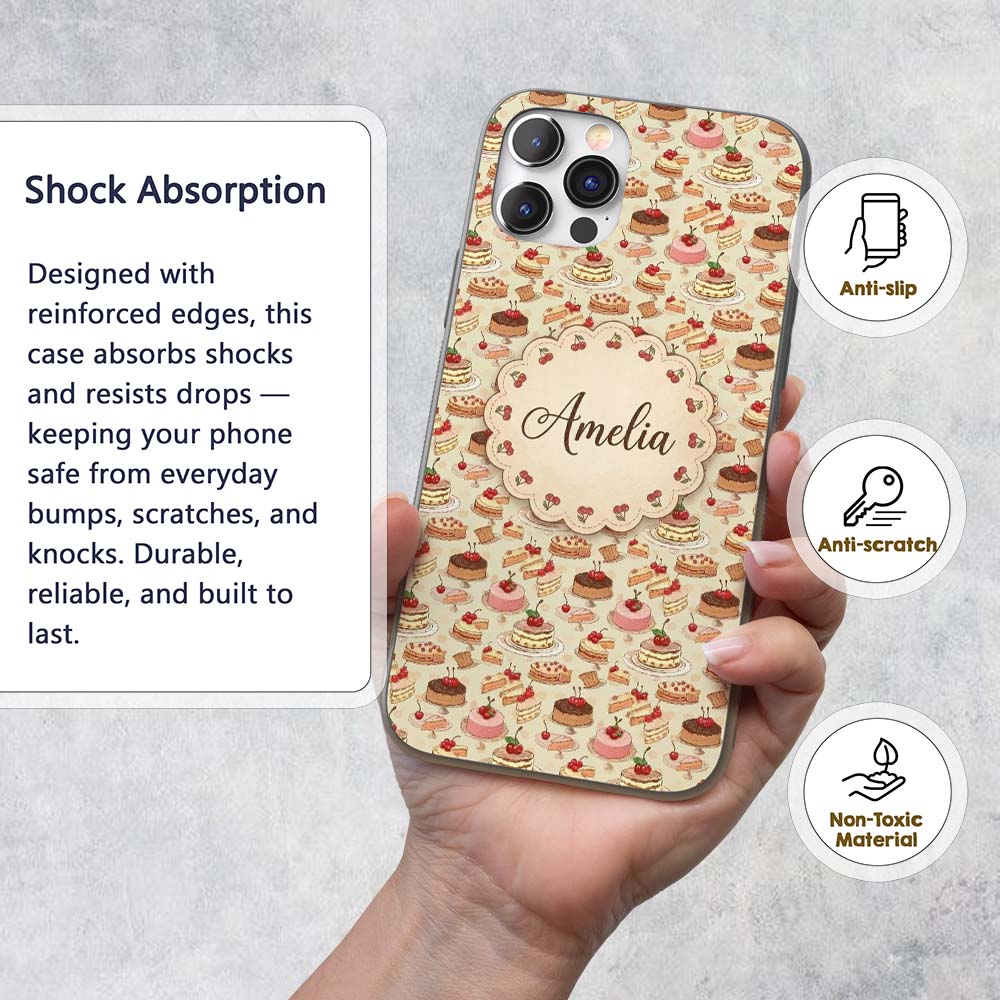 Vintage Cake Selection with Cherry Printed Design Custom Name Protective Phone Case Mobile Cover Durable Everyday Smartphone Shock Resistant