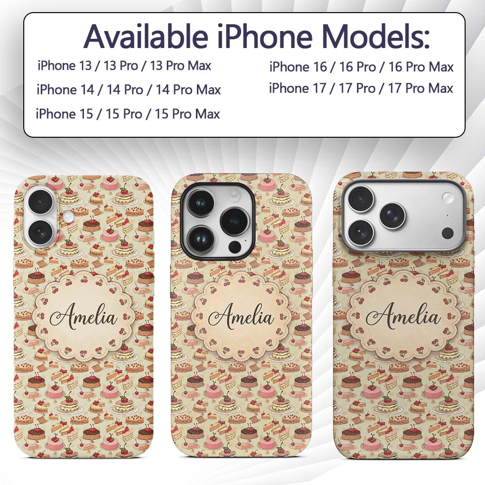 Vintage Cake Selection with Cherry Printed Design Custom Name Protective Phone Case Mobile Cover Durable Everyday Smartphone Shock Resistant