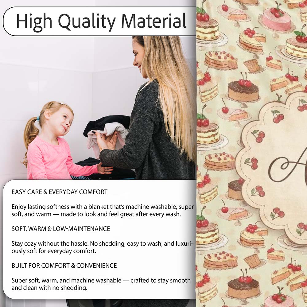 Vintage Cake Selection with Cherry Toppings Seamless Pattern Lovely  Personalised Custom Name Super Soft Fleece Blanket Bed Sofa Throw